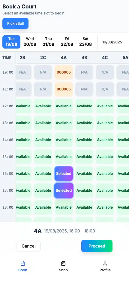 BookingCalendarMobile A court booking calendar in the Venue Pro End User mobile app. At the top is the "Book a court" title, asking users to select an available time slot to begin. Below it is a list of activities that the user can select to get the relevant menu. The currently selected one in the image is "Pickle Ball". The Calendar has at the top on the horizontal axis a date picker allowing the user to navigate between days. Beneath is is the calendar itself, on the vertical axis is a series of times, and on the horizontal a list of courts. At the intersection of each is a block that is either Available (Green box saying 'Available'), Never Available (Greyed out box saying 'N/A'), currently selected by the user (Purple box saying 'Selected'), or already booked (Yellow box with either a numeric code in anonymous or the name of the booker). Below the calendar is a summary of the selected timeslots and buttons to either cancel, or proceed with the booking. At the bottom of the page are three tabs; Book Shop Profile Book is selected, showing that this is part of the "Book" subsystem.