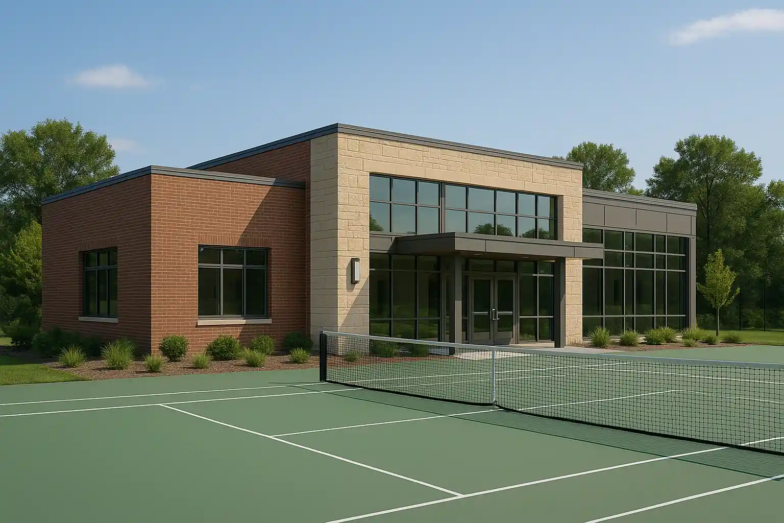 Sport Centerv2 Image of a sports centre with a tennis court out the front