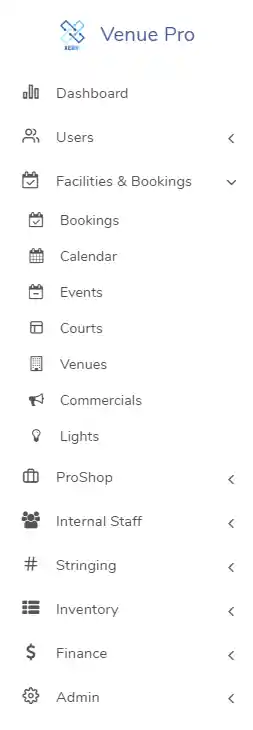 VenueProDashbar Screenshot of Venue Pro's Main Sidebar Menu